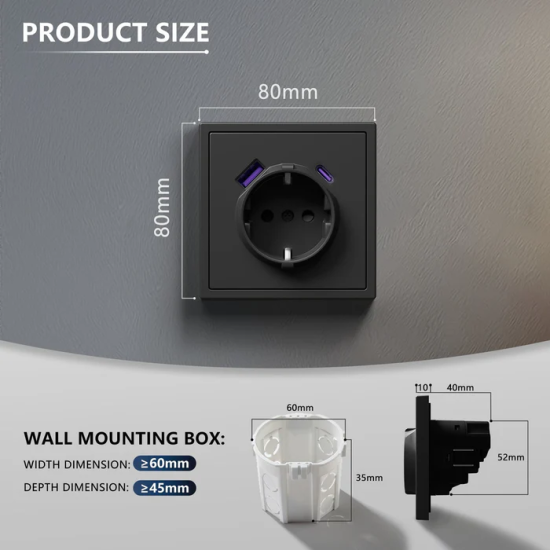Socket "LUUM" with grounding, usb+type-c, black - Lighting by Luminance