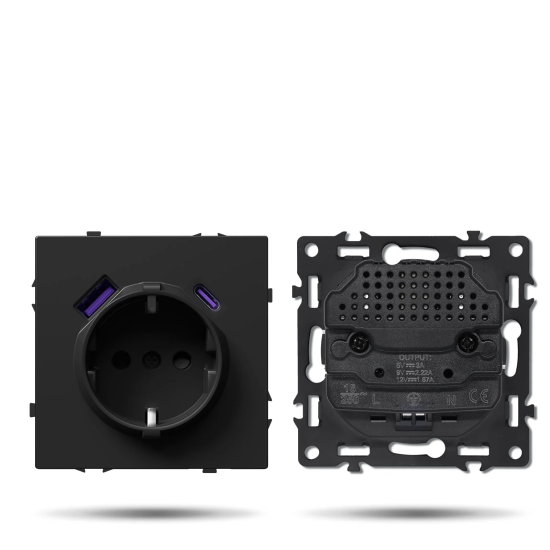 Socket "LUUM" with grounding, usb+type-c, black - Lighting by Luminance